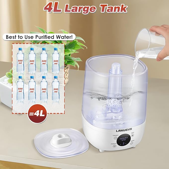 LANUEVA Reptile Humidifier with Humidity Control, Reptile Fogger with 4L Large Tank & Telescopic Hose for Terrariums, Remote Control & Touch Screen, Timing Function, for Reptiles, Green Plants (4L)