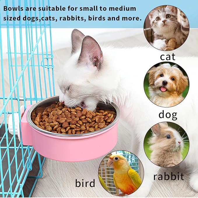 2Pcs Pets Lightweight Stainless Steel Bowl,Removable Stainless Steel Pet Hanging Food Water Feeder Bowl Cage Coop Cup for Puppy Medium Dog Cat Rabbit Ferret Bird Gunea Pigs (Pink, S)