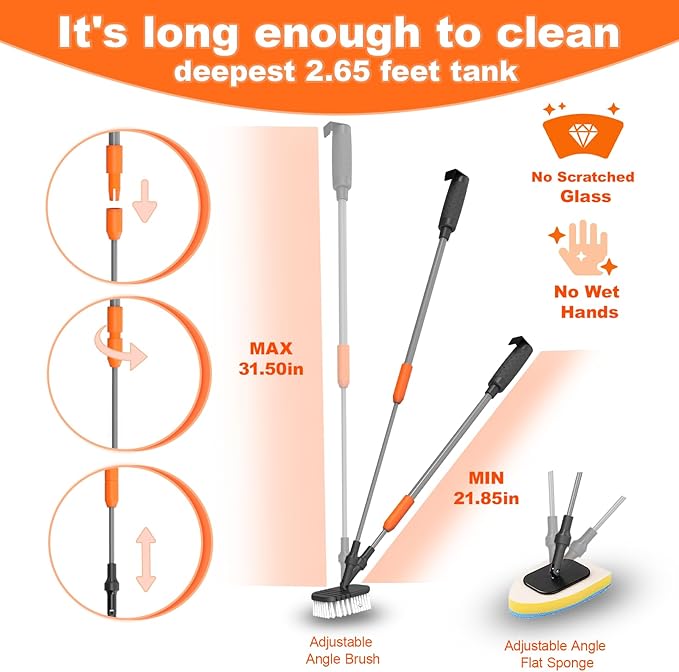 SEAOURA 7-in-1 Aquarium Cleaning Tool, Fish Tank Cleaner with Telescopic Handle,Aquariums Scraper,Adjustable Angle Brush,Gravel Rake,Plant Fork, Flat Sponge,Large Fishes Net,Hose Brushes