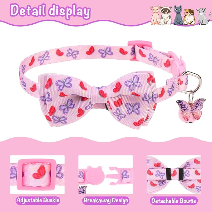 Breakaway Cat Collar with Removable Bow Tie and Bell, Cute Multi-Style Patterns, 3 Pack Safety Buckle Kitten Collars, Adjustable Pet Collar for Cats Puppy (Style B - Nature)