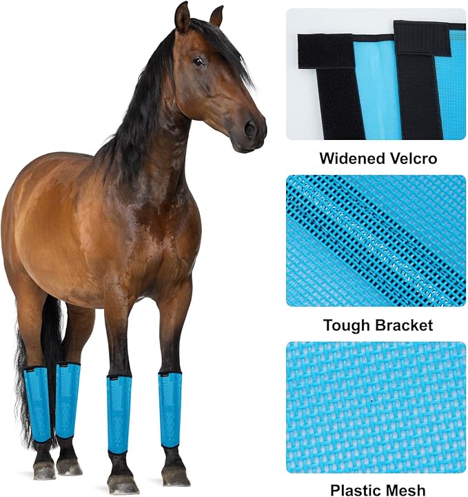 FOXLVDA Horse Fly Boots - Fly Boots for Horses Set of 8, Comfortable Horse Leggings, Mesh Material Design with Metal Support Bars for Reduces Stomping & Leg Fatigue (Blue-Orange, Large)