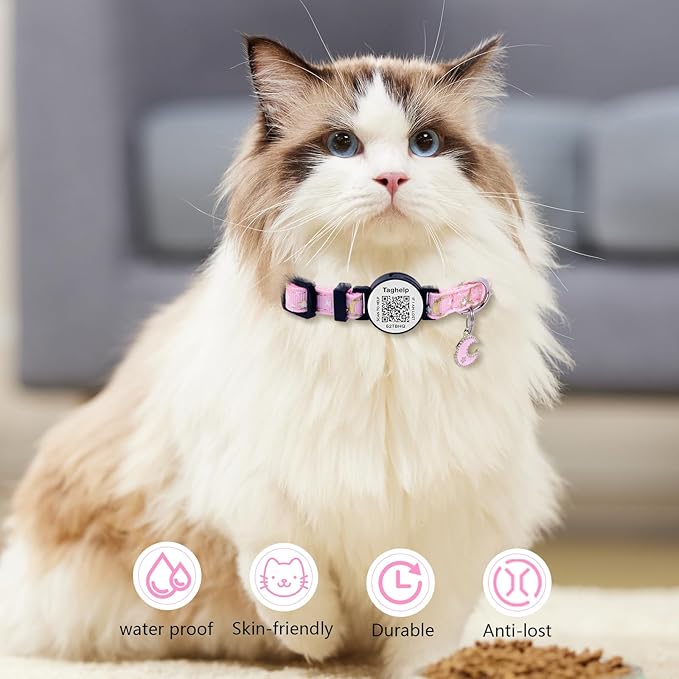 Stars and Moon AirTag Cat Collar with AirTag Holder,Air Tag Cat Collar for Apple. Solid & Safe, Pet Collar, Breakaway Cat Collar, Scan QR for Instant Location Alerts.NO APP(Black)