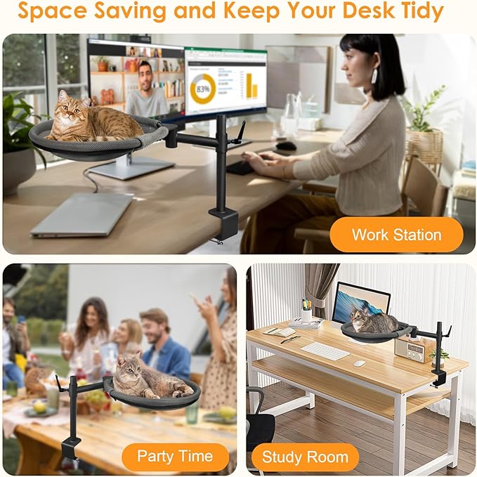 Cat Desk Bed, 360° Rotating & Height Adjustable Desk Cat Nest, Elevated Breathable Cats Bed for Desk with Removable Washable Cover for Indoor Kitten Cats-Maximum Hold Up to 40lb