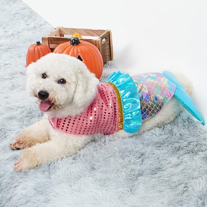 cyeollo Mermaid Dog Costume Halloween Dog Clothes with Sparkly Sequin Holiday Party Outfits Puppy Pet Costumes for Small Dogs Size XS