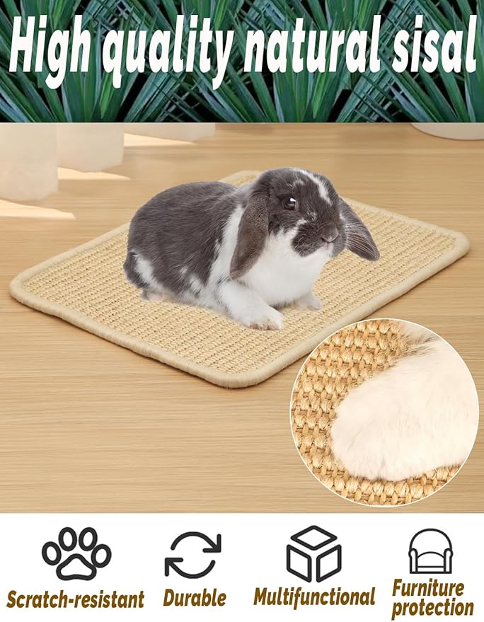 Rabbit Scratcher Mat 2 Pack Natural Sisal Bunny Scratching Mats, Small Animal Scratch Pad Rug for Indoor Grinding Claw Pad for Guinea Pigs Chinchillas (Beige)
