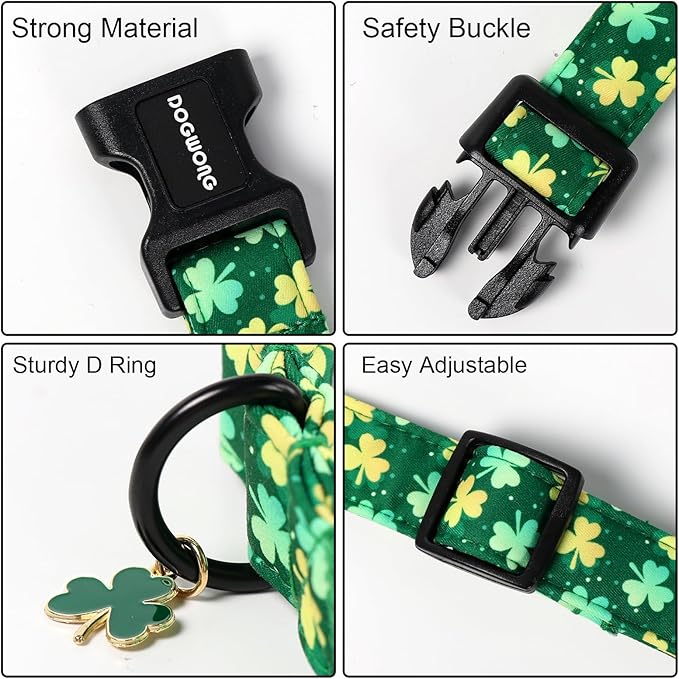 DOGWONG St Patrick's Day Dog Collar-Cute Green Clovers Dog Collars, Adjustable Shamrock Pet Collars Trefoil Puppy Collars with Quick Release Buckle for Girl&Boy Dogs,S