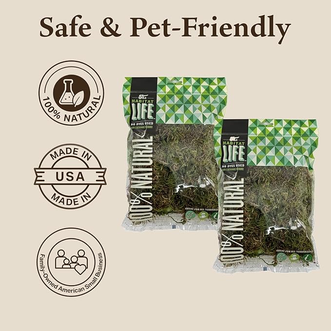 The Habitat Life - Natural Deco Moss - for Reptiles, Amphibians & Invertebrates Terrariums - Humidity Control - Natural Look & Feel - Soft Surface - Dye-Free & Safe - Small - 2 Pack