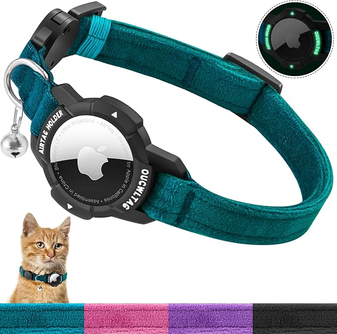 Luminous AirTag Cat Collar Breakaway, OUCWLTAG GPS Cat Collar with Apple Air Tag Holder, Cat Tracker Collars with Safety Elastic Band for Girl Boy Cats, Kittens and Puppies (Blue, 7-10 Inch)