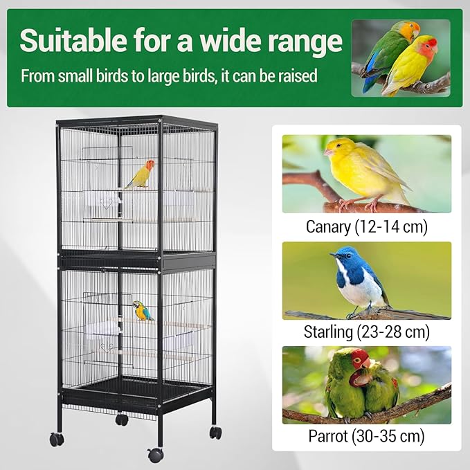 55 inch Wrought Iron Bird Cage Double Stackable Metal Cage w/Play Open Top and Rolling Stand with Pull Out Tray for a Canary Finch
