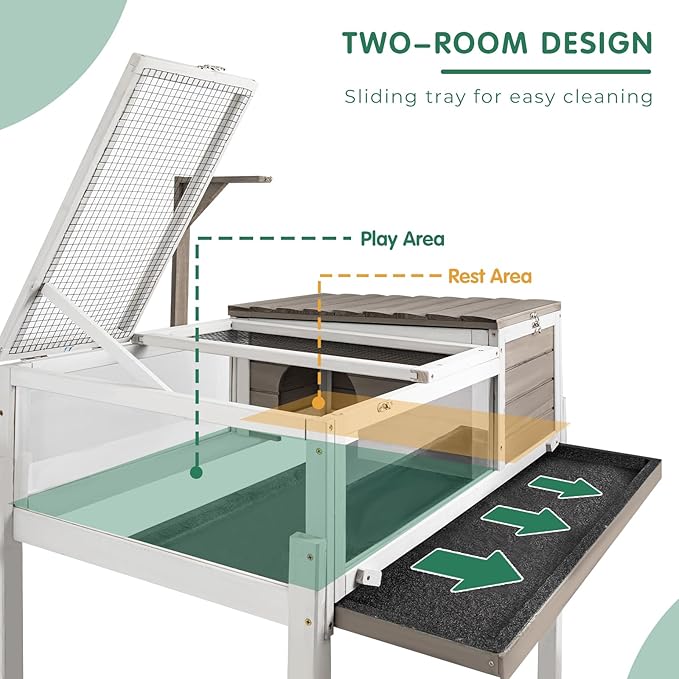 Tortoise Habitat Tank Indoor Outdoor, Wooden Tortoise House with Detachable Legs, 2-Room Reptile Turtle Enclosure Cage for Small Animals, Lamp Holder,Leakproof Tray, Grey
