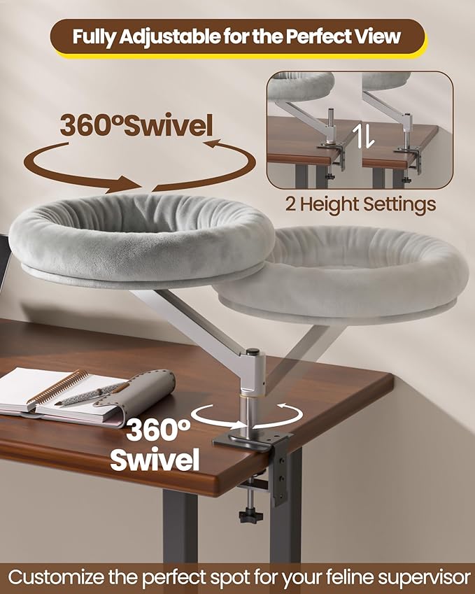 tomxcute Cat Bed for Desk, Adjustable Height Desk Perch with 360° Rotation, Space-Saving Perch for Your Furry Colleague, Removable Washable Office Cat Bed