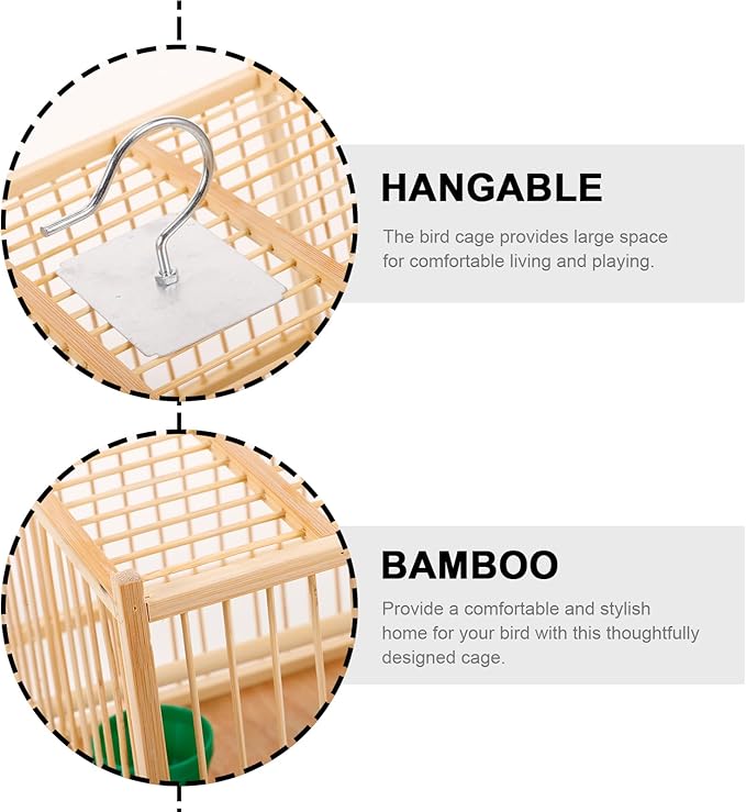 Kisangel 1set Bamboo Bird Cage Small Parrot Cage with Hanging Hook Tray for Retro Travel Budgie Lovebird Cockatiel Parrot,8.06 x 8.06 x 8.06 inches
