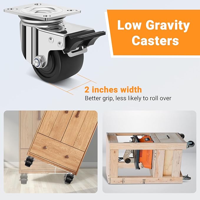 Nefish 3 Inch Heavy Duty Stainless Steel Low Gravity Casters, SUS 304 Industrial Grade Stainless Steel Caster Wheels with Brakes, Durable Castors Set of 4 with Nylon Wheels for Industrial, Equipment