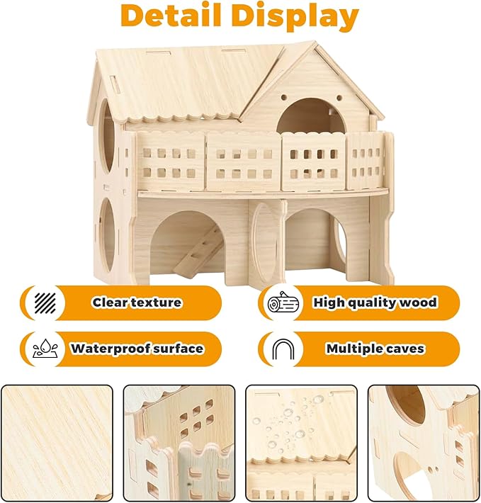 Wooden Dwarf Hamster House, Hamster Tiny House Hideout, Hamster Maze House, Large Balcony Lookout Holes, Easy to Assemble, Detachable Parts, Secure Hideaway, B