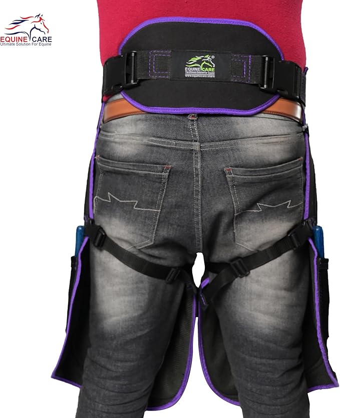 Equine Care Women’s Farrier Apron Chaps 23″ – Leather & Canvas, Adjustable 28–52″ Waist, EVA Padded Knees, Lumbar Support, 4 Knife Pockets & Nail Magnets for Hoof Trimming (Black with Purple Piping)