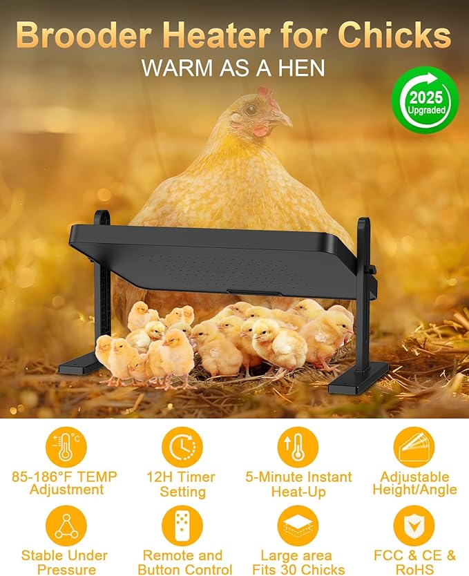 Chick Brooder Heater with Adjustable Temp (86~194℉) & 12H Timer & Height & Angle, Rapid-Heating Heat Plate for Chicks with Remote Control, 16"x12" for 30 Chicks, Brooder Plate for Young Poultry