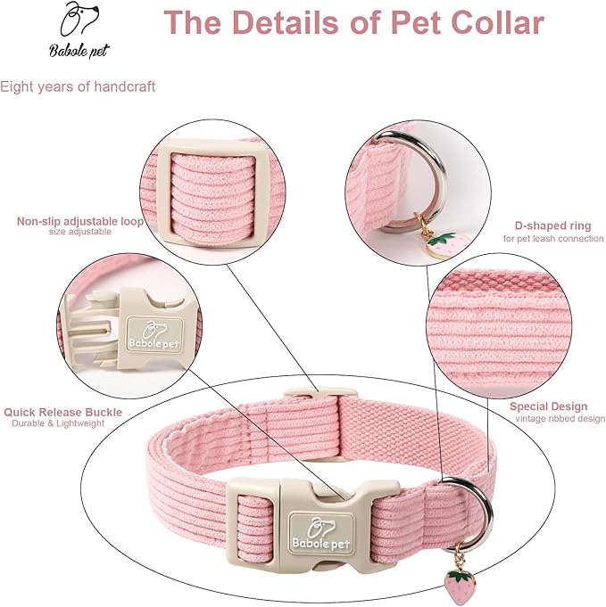 Cute Corduroy Dog Collar - Pink Adjustable Dog Collars for X-Large Dogs 80+lbs, Fade-Proof with Secure Snap & Little Charm, Christmas Birthday Gift, XL