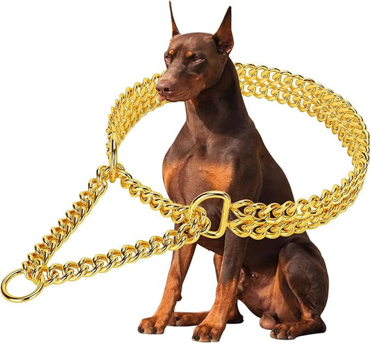 Stainless Steel 18K Gold Dog Chain Collar - Adjustable, Chew Proof, Double Row Cuban Link for Large, Small, Medium Dogs