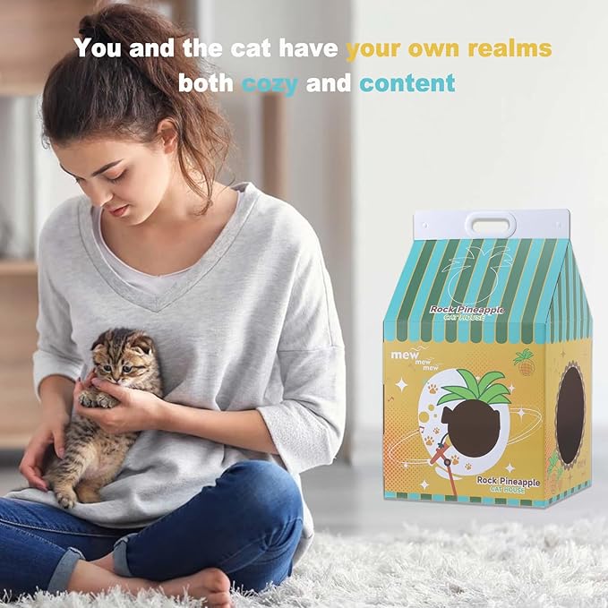 Cardboard Cat House with Scratcher - Yellow Pineapple CartonMilk Box -13''L x 13''W x 22.5''H for Cats up to 16 Lbs - Portable Handle for Easy Transportation -Indoor Cat Playhouse & Hideaway