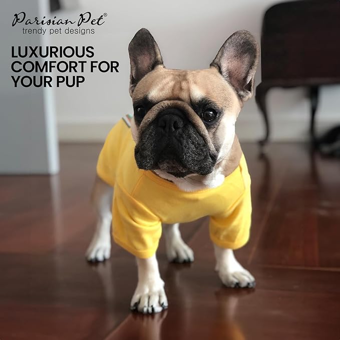 Parisian Pet Dog Shirt - Embroidered “Mustard on My Food“ - 100% Cotton and Polyester Dog Clothes - Sleeved, Lightweight Costume for Dogs - Yellow Dog Shirts for Medium-Sized Dogs - Pet Costumes - M