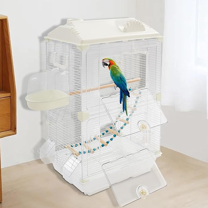 28" Roof Top Bird Cage, 2 Tier Medium Metal Parrot Cage with Accessories Include Cross Bar Climbing Ladder Dual Door Parakeet Cage for Various Bird Species