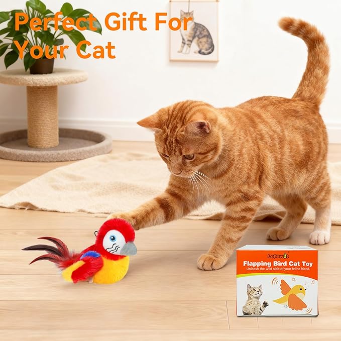 Cat Toys Flapping Bird(Cannot Fly), Electric Simulated Chirping Bird Interactive Kitten Toy with Flappy Wings, Rechargeable Touch Activated Toy with Catnip and Feather for Indoor Cats - Red