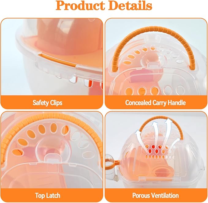 Hamster Transport Carrier,2 Tiers Dwarf Hamster Cage Carrier Breathable Small Animal Travel Carry Case with Silent Exercise Wheels Water Bottle Food Dish for Mice Rat(Orange)