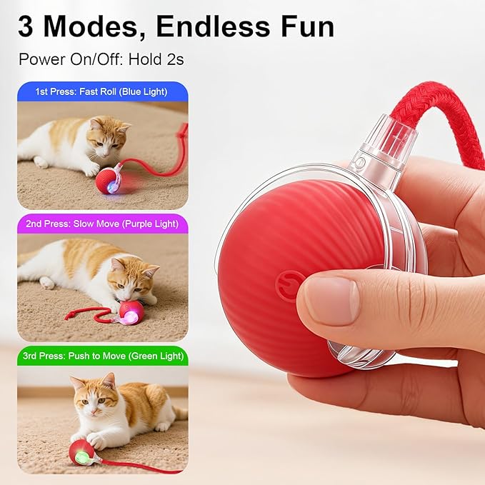 Interactive Electric Automatic Rolling Moving USB Rechargeable Self Activated Play Stimulation Toy Smart Chase Teaser Ball with Speedy Tail Rope for Bored Adult Indoor Cats and Dogs, Blue