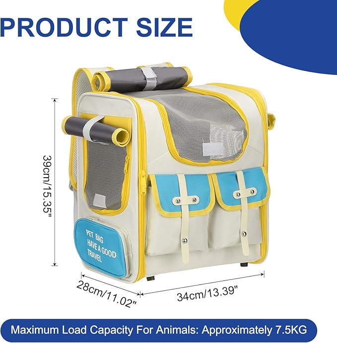 Pet Backpack Carrier, Portable and Ventilated, Oxford Cloth, Dogs Cats and Small Animals Travel Bag 13.39", (Beige, Yellow, Blue, 1 Pcs), Intended for Hiking/Camping/Traveling