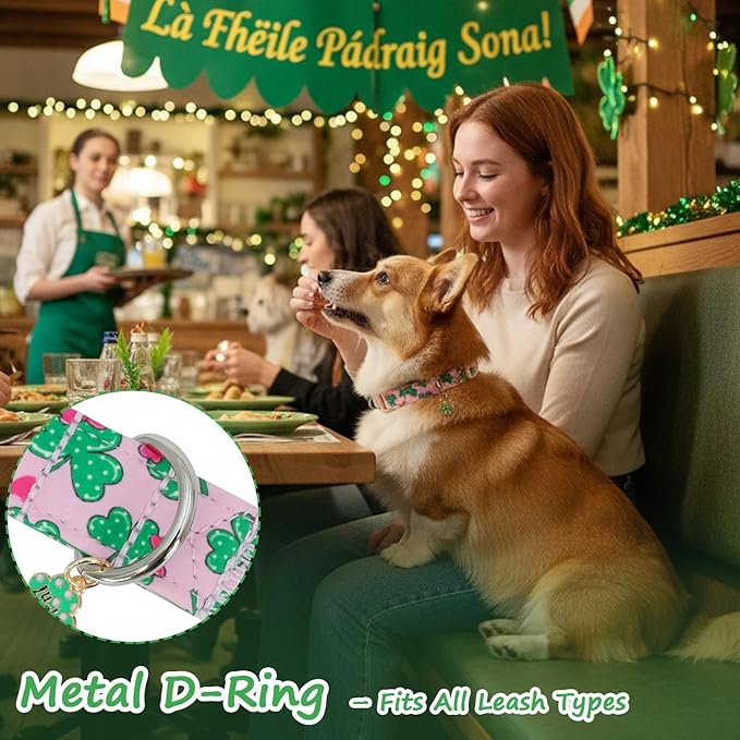 St. Patrick's Day Dog Collar,Pink Bow with Lucky Shamrock Puppy Collar,Adjustable Spring Cotton Collars Gifts for Small Medium Large Dogs,Dog Accessories S