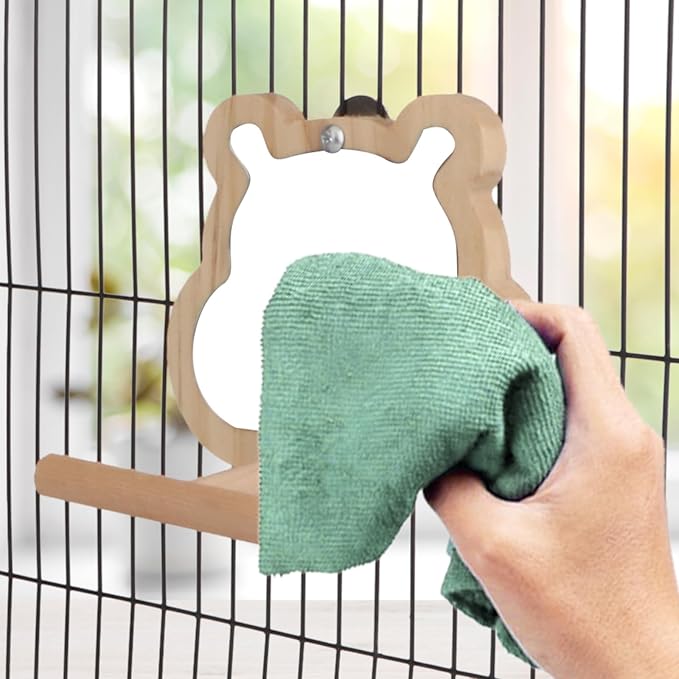 Bird Mirror with Perch & 8-Step Bird Ladder for Cage - Natural Wood Toys for Parakeets, Cockatiels (4.7x3.5x5.1in Mirror + 14.6x3.9in Ladder) Cage Accessories Bundled Set