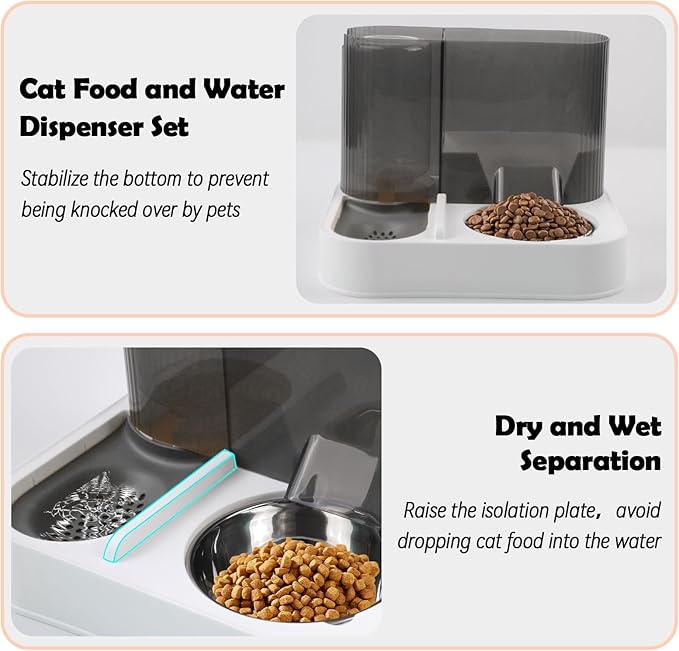 Automatic Gravity Cat Feeder with Stainless Steel Food Bowl, 2 in 1 Cat Feeder and Water Dispenser Combo Detachable Pet Water and Food Dispenser Set for Puppy Kitten Small Dog(Gray)