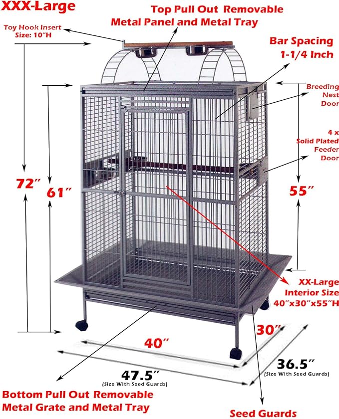 4 Size, XX-Large 40"x30"x72"H Castle PlayTop Parrot Cage for Large Macaws Cockatoos African Grey Amazon (40" x 30" x 72"H)