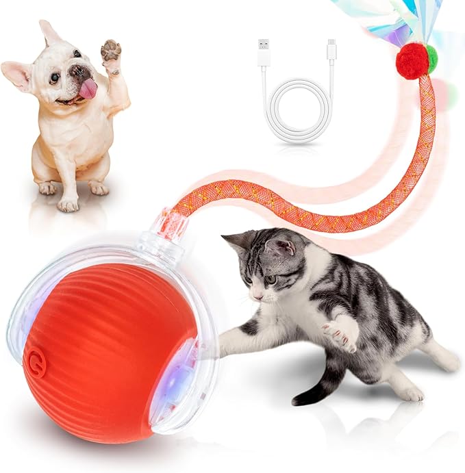 Interactive Cat Toys for Indoor Cats Smart Automatic Ball Rolling for Bored Kitten Pet Upgraded Speedy Moving Chase Dogs Toy Red Dragonfly