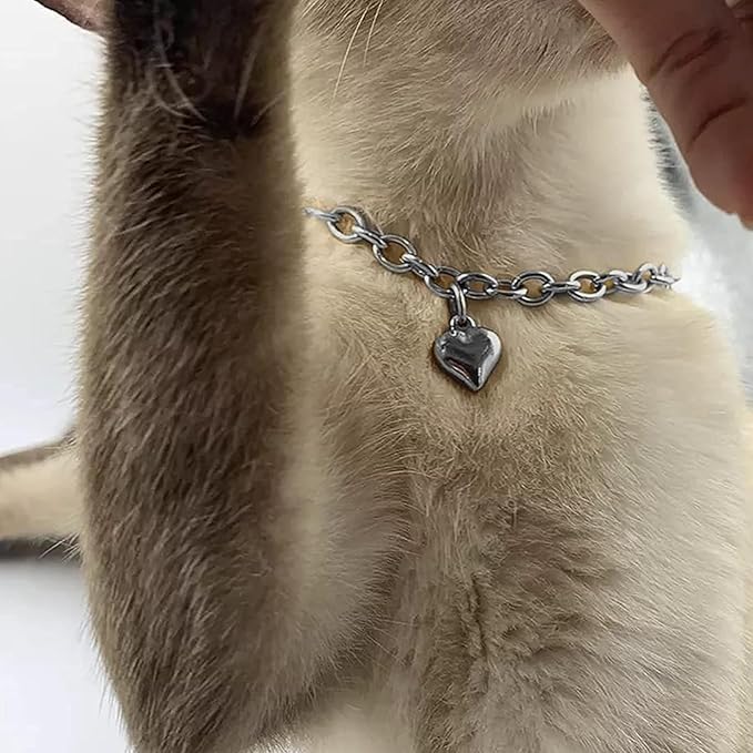 HOWWFALY Dog Collar and Dog Chain Necklace Stainless Steel Adjustable 18K Sliver Heart-Shaped Necklace for Small Pets Cats Kitten Puppy (Sliver, 12 inch)