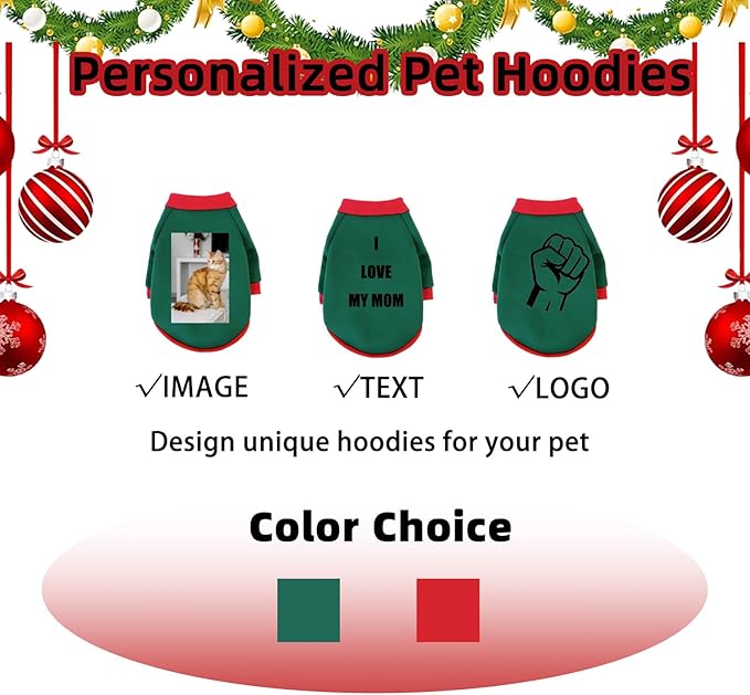 Custom Dog Hoodie, Personalized Sweatshirt with Photo Text Name Logo, Customized Hooded Sweater for Small Medium Large Dogs & Cats (Green + Red Sleeves, Medium)