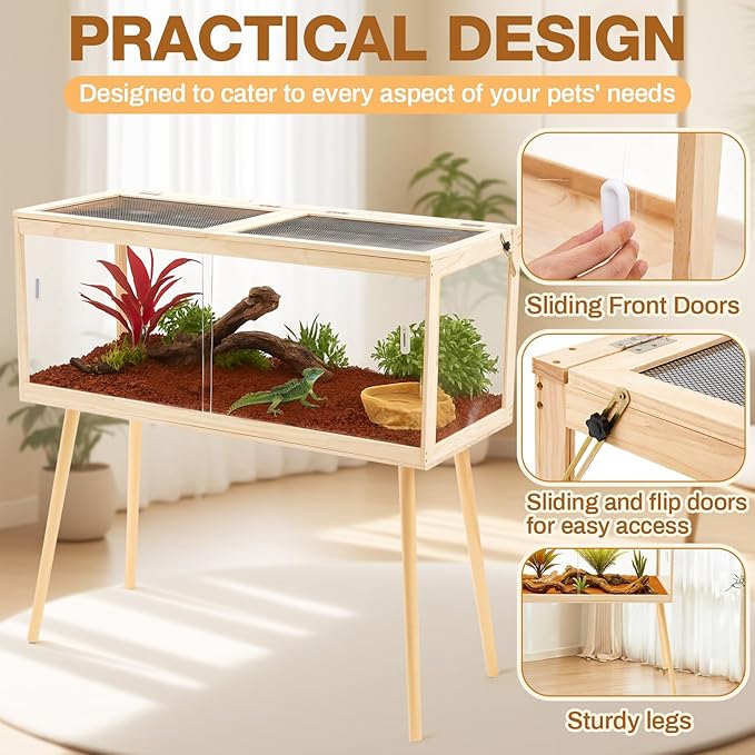 47" L×20" W×20" H Bearded Dragon Tank (up to 79 Gallons) with Legs – Reptile Enclosure, Lizard Terrarium with Sliding Door & Metal Mesh Top, Suitable for Reptiles, Snakes, Hamsters