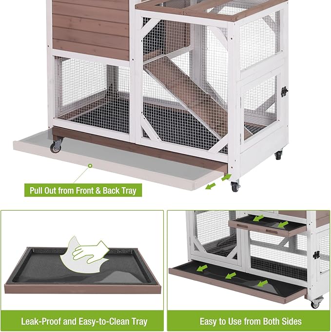 Gutinneen 2-Story Rabbit Hutch Bunny cage Wooden Rabbit Cage Indoor/Outdoor with Chew-Proof Ramp, 2 Leak-Proof Pull-Out Trays, Lockable Wheels for Rabbits, Guinea Pigs, Small Animals (Brown and White)
