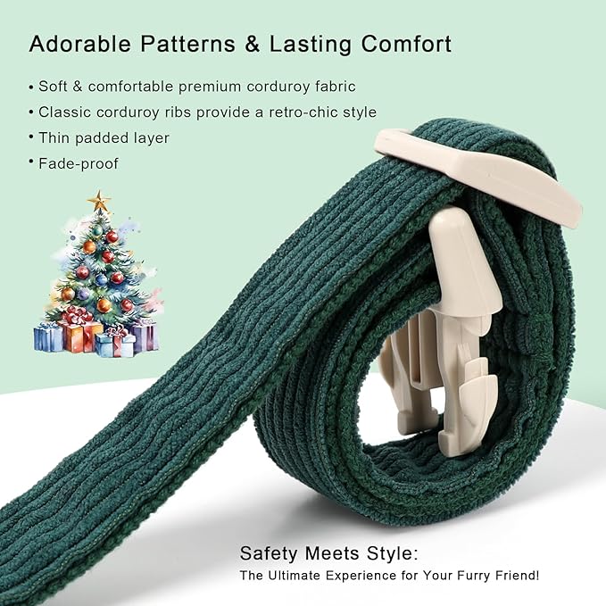Cute Corduroy Dog Collar - Forest Green Adjustable Dog Collars for Large Dogs 50-80lbs, Fade-Proof with Secure Snap & Little Charm, Christmas Birthday Gift, L