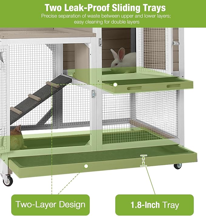 GUTINNEEN Rabbit Hutch Indoor and Outdoor, Rabbit Cage on Wheels with 2 Deep Pull Out Trays, Wooden Bunny Cage with Non-silp Ramp and Sliding Door, Mocca Color