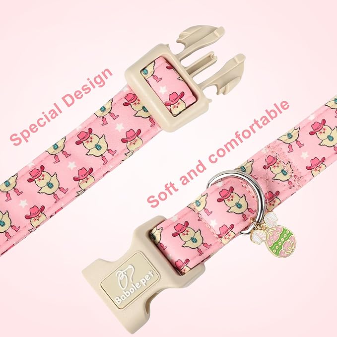 Easter Dog Collar for Large Dogs - Cowgirl Chick Easter Collars for Dogs, Pink Girl Dog Collar, Adjustable Spring Holiday Pet Collars with Quick Release Buckle L