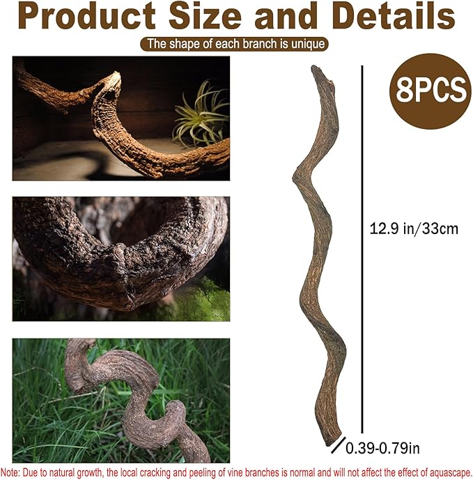 Reptile Decor Natural Forest Branch Terrarium Habitat Decoration Lizard Climbing Tree Branch for Bearded Dragon Gecko Snake Frog Chameleon Spider 8PCS