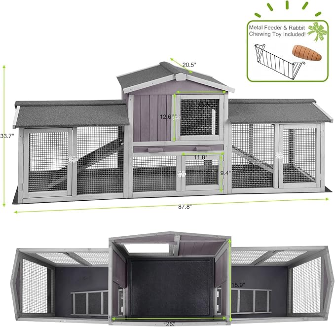 Rabbit Hutch Indoor Outdoor Bunny Cage with Large Run,Chicken Coop Wooden Small Animal House Upgrade with Bottom PVC Layer,Waterproof Roof