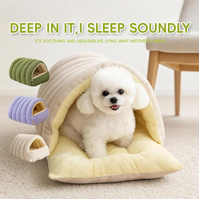 Removable and Washable Winter Closed-Off Cat Bed, Cat Winter Cave, Cute Cat Beds for Indoor Cats, Disassembled Design for Easier Cleaning, with Hair Remover (Green+Beige, 22.4 * 14.6 * 11.0 in)