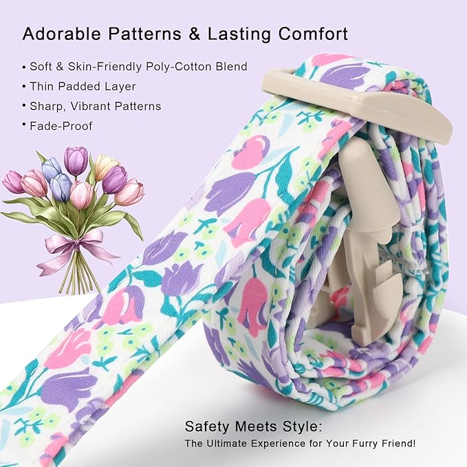 Floral Dog Collar for Small Dogs - Pink Purple Tulips Print Dog Collars, Spring Summer Cute Flower Puppy Collar, Lightweight Adjustable April Holiday Boy Girl Dogs Collars XS