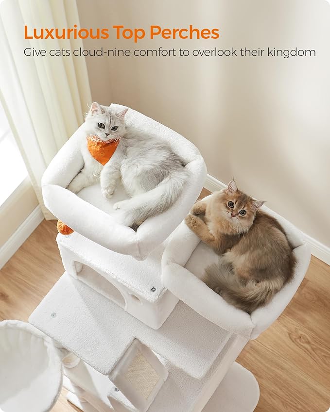 Feandrea Cat Tree, 66.1-Inch Large Cat Tower with 13 Scratching Posts, 2 Perches, 2 Caves, Basket, Hammock, Pompoms, Multi-Level Plush Cat Condo for Indoor Cats, Cream White UPCT165T01