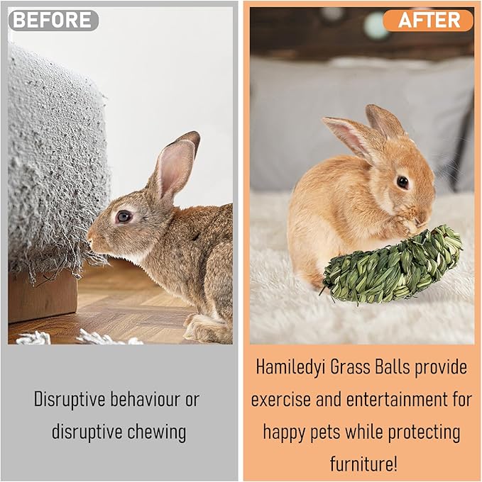 Hamiledyi Rabbit Chew Ball Bunny Timothy Grass Ball Natural Woven Chewing Toys Small Animal Activity Play Balls Chew Toys for Bunny Rabbits Hamster Guinea Pigs Chinchilla Gerbils 4PCS