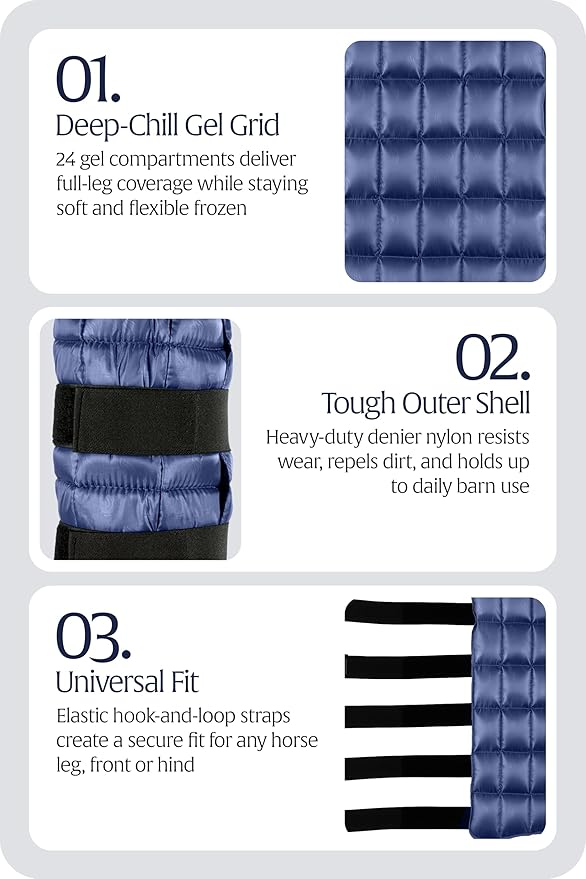 Equinavia Cool Relief Therapy Ice Boots Leg Wraps for Horses, Gel Pack with Adjustable Straps | 16.5" x 15.5" Single - Navy Blue - Single - One Size