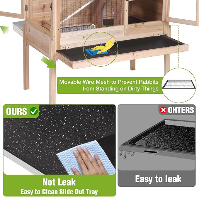 Indoor Bunny Cage Guinea Pig Cages - Wooden Small Animal Cage Rabbit Hutch with Chew-Proof Ramp, Pull-Out Tray, Leakproof PVC Layer & Detachable Legs for Rabbits, Guinea Pigs (Natural Wood)