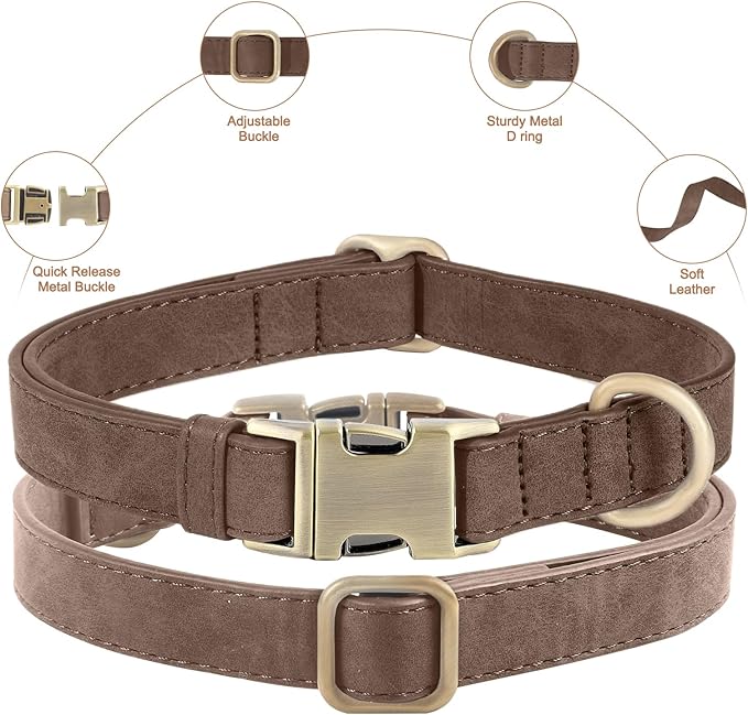 Genuine Leather Dog Collar - Adjustable Pet Collar with Quick Release Metal Buckle, Soft Skin Friendly Real Leather Collar for Small, Medium, Large Dogs (Dark Brown, S：Fit 8-16" Neck)
